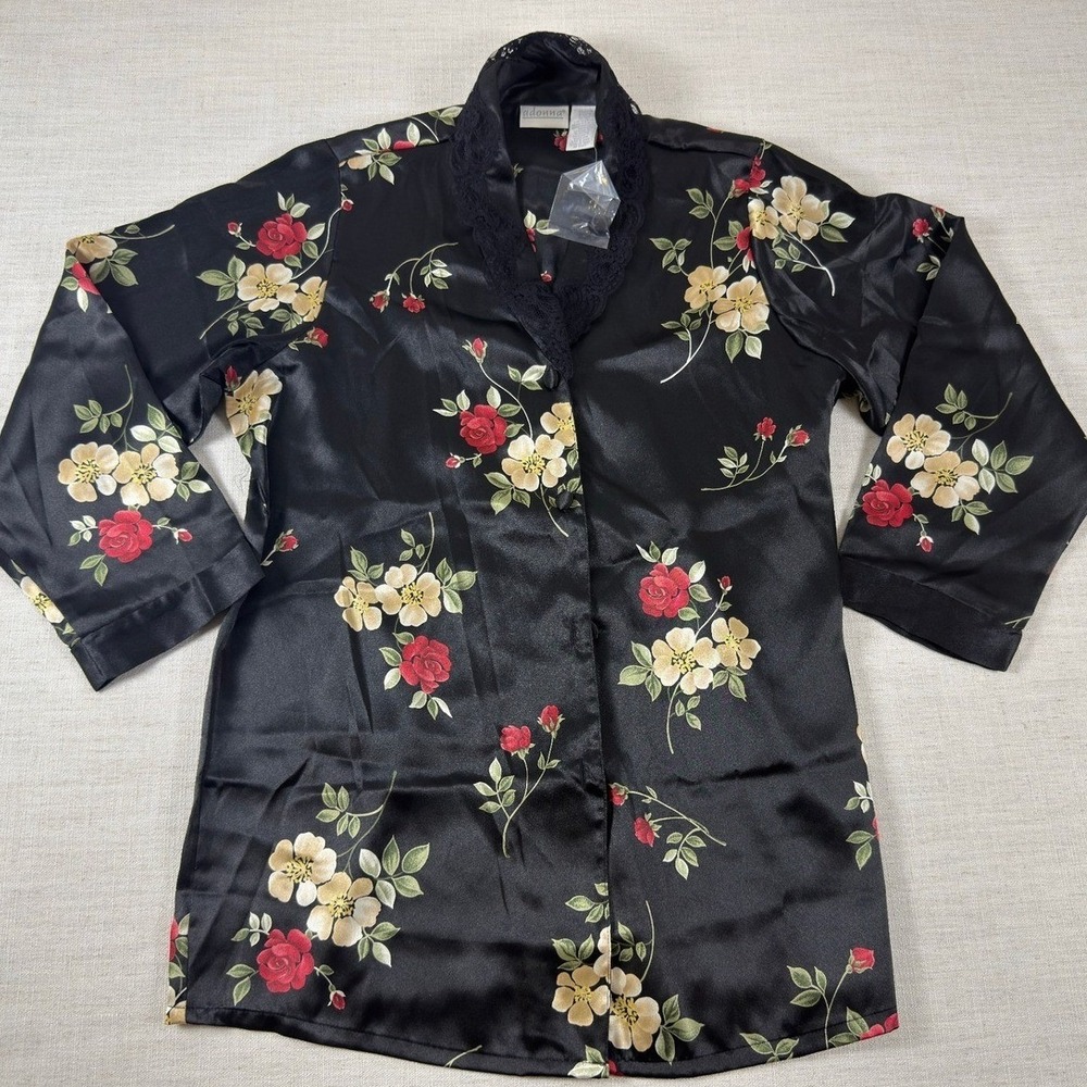 Adonna Black Floral Satin Pajama Top Lace Trim Rose Print Button Front Small